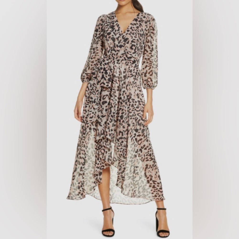 New! Eliza J Leopard High Low Faux Wrap Flowy Cocktail Dress Cream Pink Sz 6